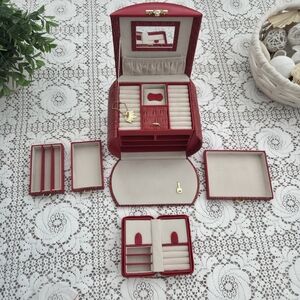 Classic Red Embossed Leather Travel Jewelry Organizer Box - Women Accessories